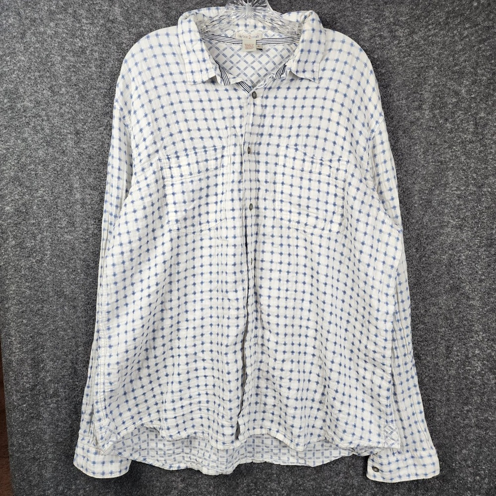 Carbon 2 Cobalt Button Down Shirt Women XL White Blue Grid Textured Cotton‎